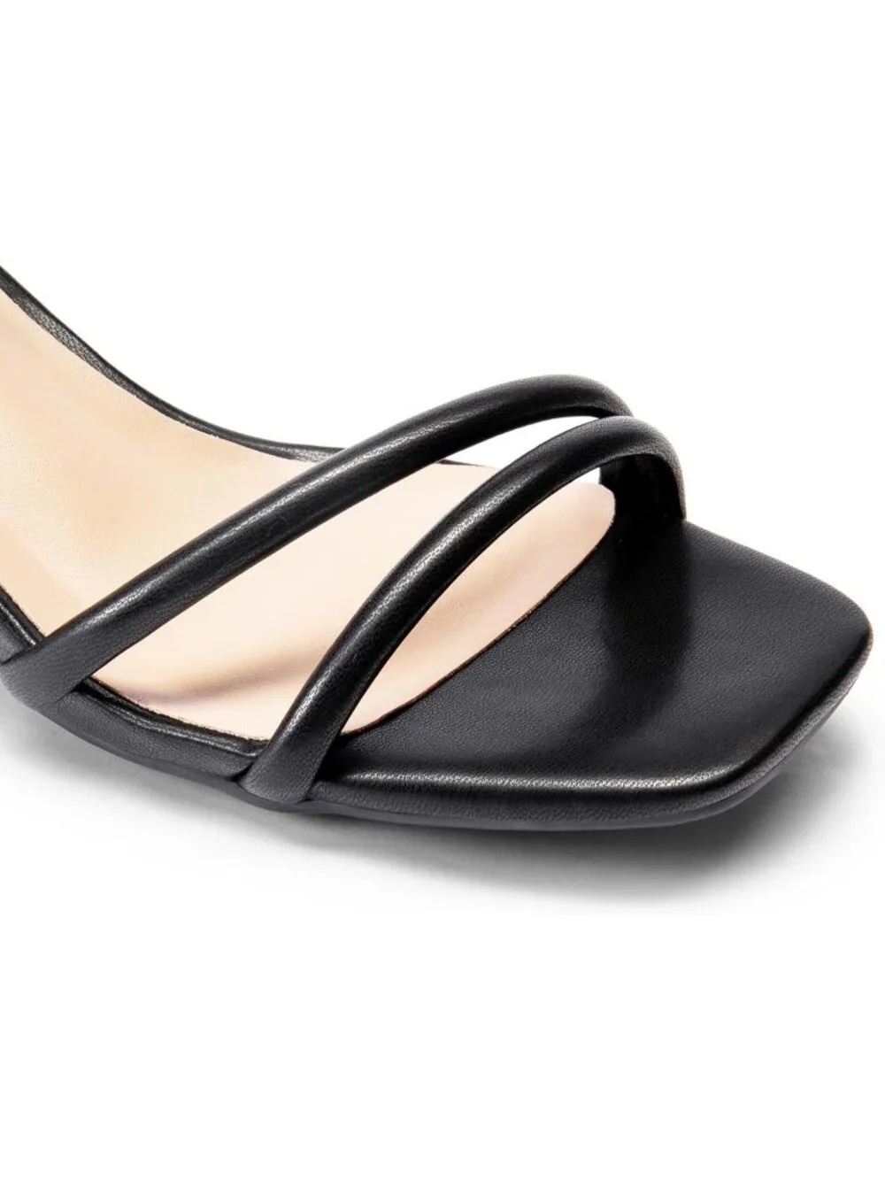 Women's Black Faux Leather Square-Toe Chunky Block Ankle Buckle Heels Sandals